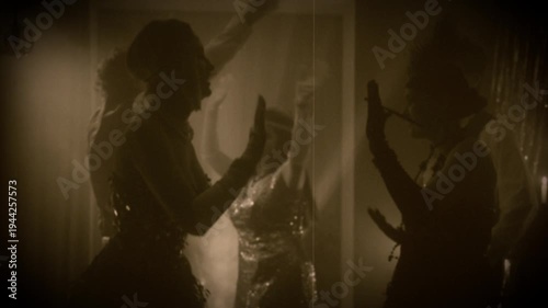 1920s old style sepia colorart video group of people dancing crowd enjoying time in dark night club. girls flapper female male have fun at dance floor birthday party old retro, youth roaring twenties
