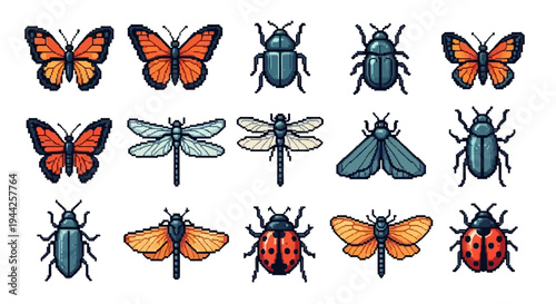 Pixelated insects illustration butterflies beetles dragonflies and moths
