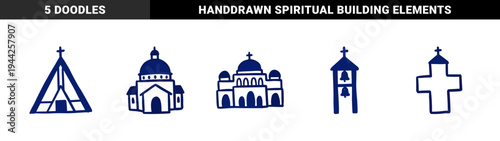 Blue hand-drawn religious architecture and church symbols. Rustic marker sketch cathedrals and bell towers in a naive doodle style.