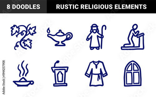 Biblical and religious ministry symbols in a crude navy marker sketch style. Rustic naive doodle illustrations featuring shepherd, prayer, and pulpit.