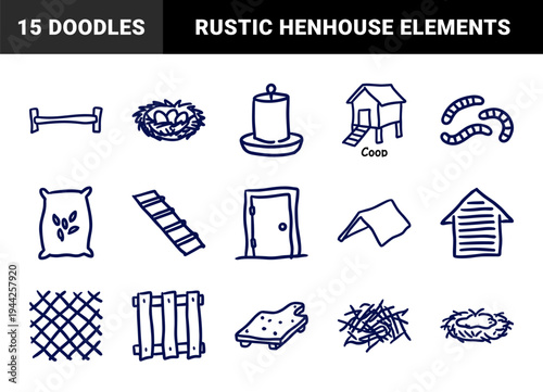 Backyard chicken coop and poultry farming elements for rustic branding. Naive marker sketch illustrations featuring henhouse and avian care.
