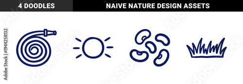 Monoline hand-drawn gardening and backyard maintenance elements for organic branding. Rustic, naive marker sketches of sun, hose, seeds, and grass.