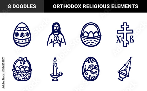 Orthodox Easter religious symbols for church branding. Clean monoline doodles featuring Jesus Christ, ornate eggs, and traditional censer.