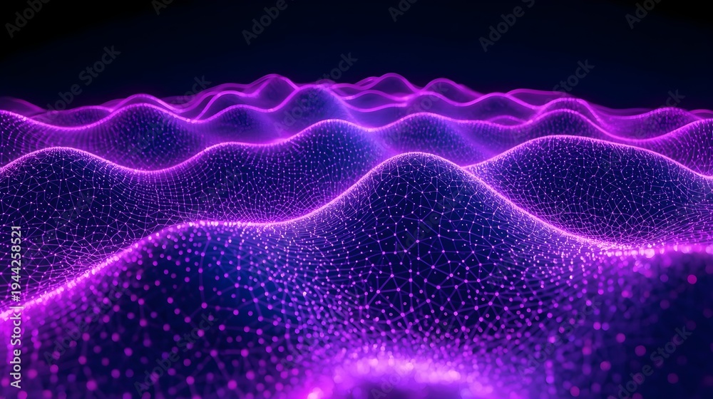 Fototapeta premium Abstract digital landscape with glowing purple and blue particle waves on a dark background, representing data flow or energy.