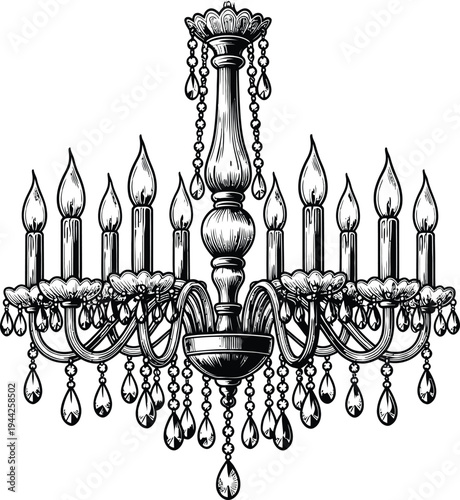 Vintage crystal chandelier illustration, elegant classic ceiling light fixture with candles and hanging crystals, luxury interior decor vector