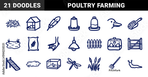 Hand-drawn duck farming and backyard poultry elements for organic agricultural branding. Rustic naive marker sketch illustrations of bird care.