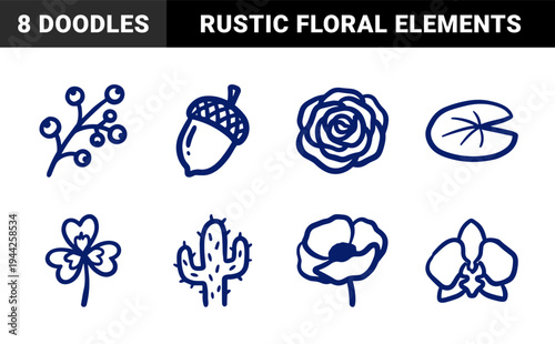 Hand-drawn botanical elements and floral silhouettes for organic branding and textile patterns. Naive navy blue ink doodle sketches of flowers and plants.