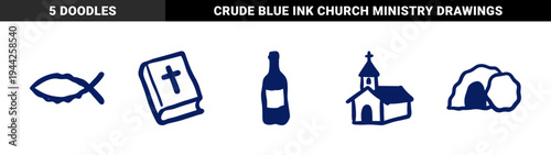 Christian faith and Easter resurrection elements for religious branding. Naive blue marker sketch featuring church, bible, fish, and tomb.