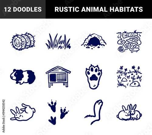 Small pet care elements for organic branding. Rustic, naive marker sketch illustrations featuring rabbit, guinea pig, and burrowing habitat.