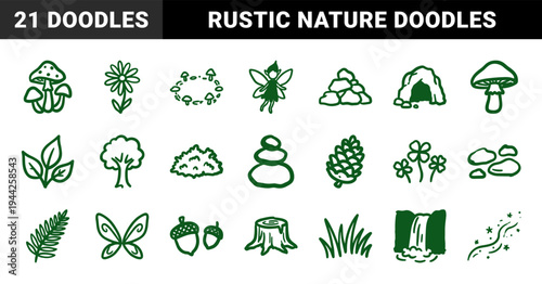 Fairy garden and forest elements in a naive marker doodle style. Rustic hand-drawn nature sketches featuring mushrooms, acorns, and magic.