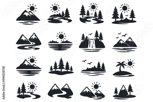 Nature icons with mountain river sun minimal 
