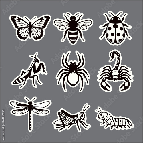 Cartoon Insect Sticker Set – Butterfly, Ant, Grasshopper, Bee, Beetle, Ladybug and Dragonfly Vector Icons