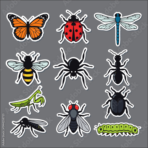 Cartoon Insect Sticker Set – Butterfly, Ant, Grasshopper, Bee, Beetle, Ladybug and Dragonfly Vector Icons