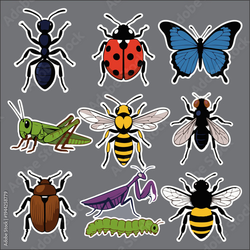 Cartoon Insect Sticker Set – Butterfly, Ant, Grasshopper, Bee, Beetle, Ladybug and Dragonfly Vector Icons