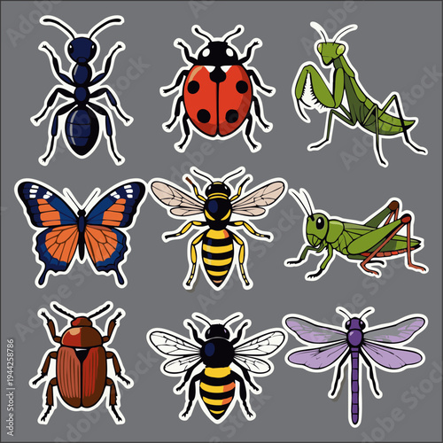 Cartoon Insect Sticker Set – Butterfly, Ant, Grasshopper, Bee, Beetle, Ladybug and Dragonfly Vector Icons