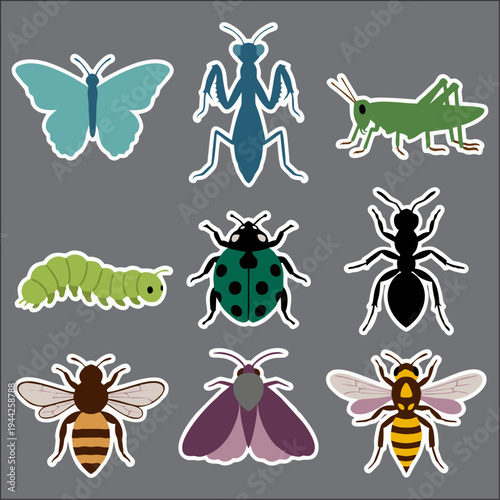 Cartoon Insect Sticker Set – Butterfly, Ant, Grasshopper, Bee, Beetle, Ladybug and Dragonfly Vector Icons