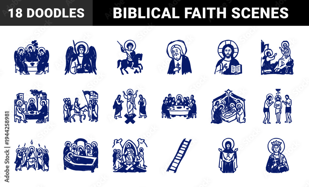 Obraz premium Orthodox Christian biblical scenes for spiritual storytelling and education. Rustic blue marker sketch illustrations of Jesus, angels, and saints.