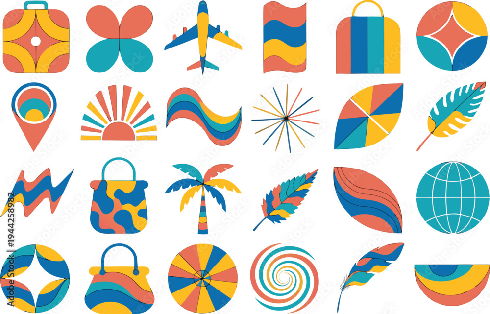 Fototapeta premium A colorful vector graphic illustration of various travel and vacation icons