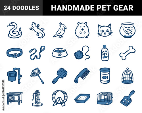 Domestic pet care and animal doodle elements for veterinary branding. Whimsical naive marker sketch illustrations including pet supplies.