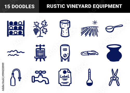 Viticulture and winemaking rustic hand-drawn doodle elements. Naive marker sketch illustrations featuring vineyard tools and fermentation gear.