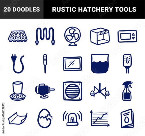 Poultry farming and egg incubation equipment for agricultural branding. Crude marker sketch hatchery tools and bird care gear illustrations.