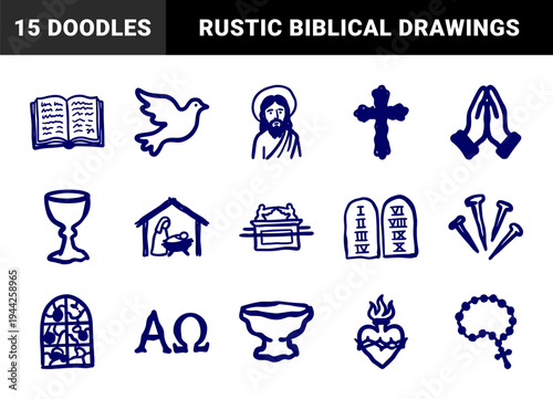 Christian religious symbols and biblical elements for spiritual design. Rustic naive marker sketch illustrations with Jesus, cross, and sacred heart.