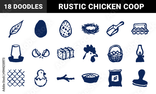 Poultry farming and egg production elements for rustic homestead branding. Naive hand-drawn marker sketches featuring chickens, nests, and farm tools.