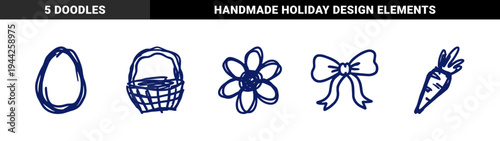 Hand-drawn blue ink Easter and spring doodles for organic branding. Naive marker sketches featuring egg, basket, flower, bow, and carrot.