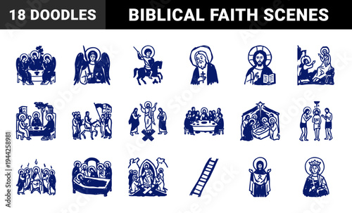 Orthodox Christian biblical scenes for spiritual storytelling and education. Rustic blue marker sketch illustrations of Jesus, angels, and saints.