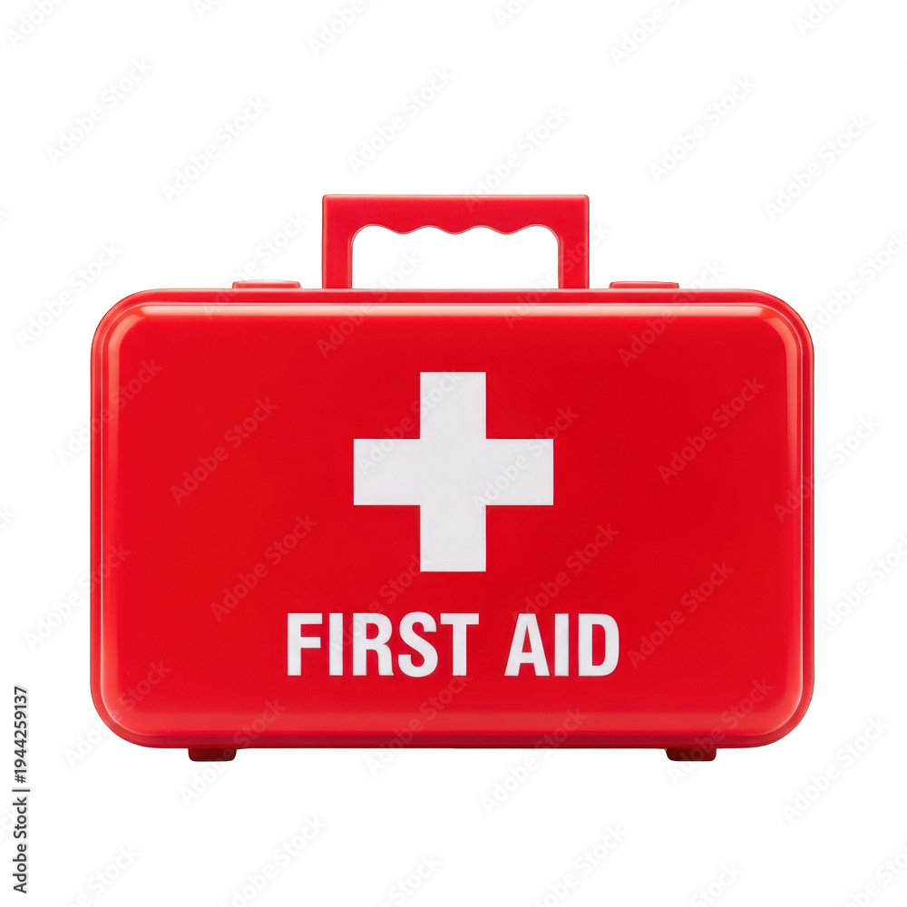 Obraz premium Red first aid kit box with white cross and handle isolated on transparent background