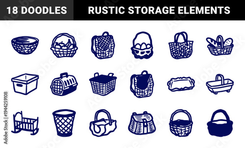 Hand-drawn blue ink basket and container illustrations for home organization and retail branding. Rustic naive marker sketches featuring picnic hampers, shopping bags, and woven storage vessels.