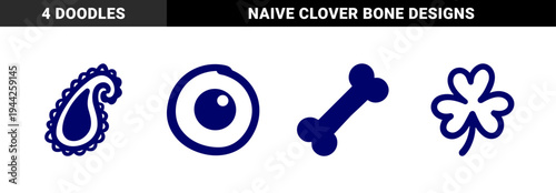 Hand-drawn rustic clover bone paisley and eye elements for organic branding. Naive marker sketch illustrations featuring luck and nature.