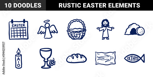 Christian Easter elements for religious holiday branding and church graphics. Hand-drawn blue marker doodle illustrations featuring Jesus and resurrection.