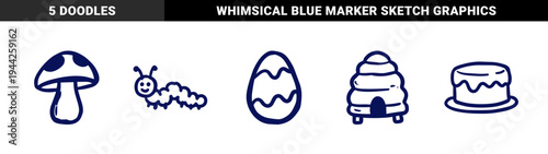 Naive hand-drawn nature and spring elements for organic brand identity. Blue marker sketches of egg, mushroom, caterpillar, cake, and beehive.