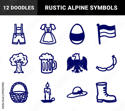 Bavarian folklore and Alpine culture elements for rustic identity. Naive blue marker sketches featuring Oktoberfest and mountain lifestyle.