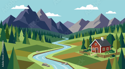 Flat vector illustration depicts a cozy red cabin near a river, surrounded by green trees and mountains in a Scandinavian style landscape.