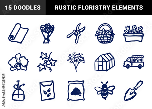 Gardening and floristry essentials for organic branding. Hand-drawn naive marker sketch illustrations featuring greenhouse and botanical elements.