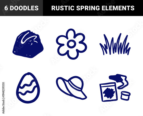 Hand-drawn spring and gardening elements in a naive marker sketch style. Rustic outdoor doodles featuring flower, grass, sun hat, and Easter egg.