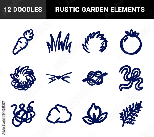 Rustic hand-drawn garden and nature elements for organic brand identity. Naive marker sketch illustrations featuring vegetables and plants.