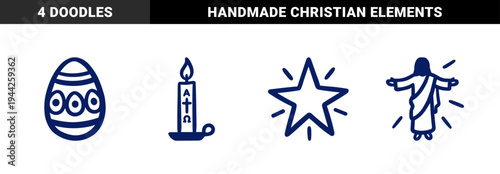 Christian religious symbols for church branding and holiday stationery. Naive marker doodle illustrations of Jesus, Easter egg, Paschal candle, and star.