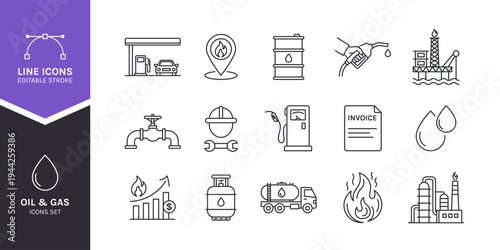 Oil and Gas Industry Line Icon Set with Oil Rig, Refinery, Pipeline, Drilling, Gas Pump and Tanker Editable Stroke