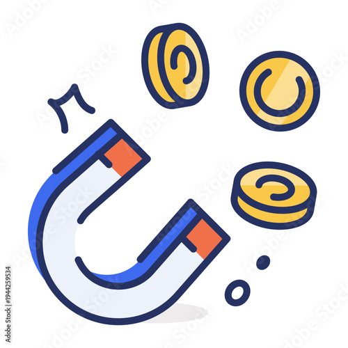 A flat style icon showing money attraction