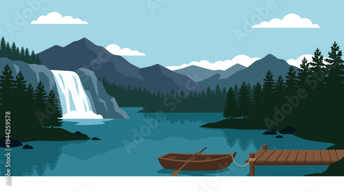 Illustrated landscape featuring a vibrant blue lake, majestic waterfall, towering mountains, lush forest, and a rustic dock with a small wooden boat tied to it, conveying tranquility.