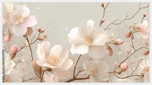 Stylish tropical botanical wallpaper featuring lush leaves and elegant blooming flowers in a modern decorative composition. Ideal for wallpaper design, home interior decoration, digital backgrounds, w