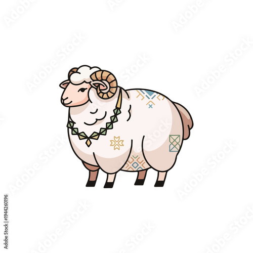 White Cartoon Sheep with Ornate Details Standing.