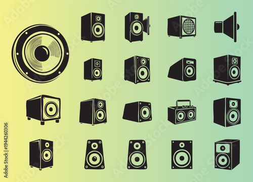 Collection of various speaker icons and audio equipment illustrations