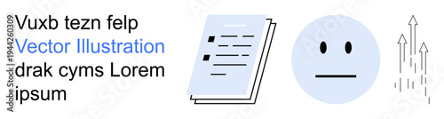 Communication, growth, emotions, analysis, data sharing, productivity. Neutral face, document and upward arrows. Communication and growth illustrated through rising arrows and expressionless face