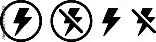 電気のオン・オフを表す稲妻アイコンセット（使用可・使用不可） Lightning Bolt Icon Set Showing Power On and Off States
