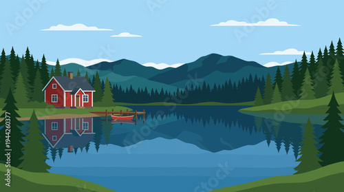 Illustration showing a red cabin reflected on a lake surrounded by pine trees and mountains, with a small red boat docked at a pier. Serene and peaceful mood.
