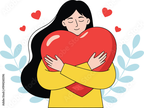 Self love and mental health wellness vector illustration featuring a woman hugging a large red heart with floral elements.